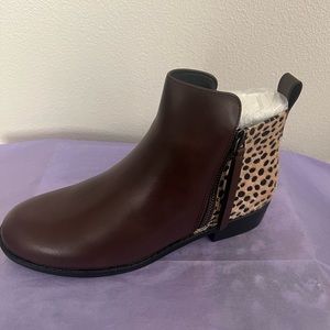 Brown animal print booties.